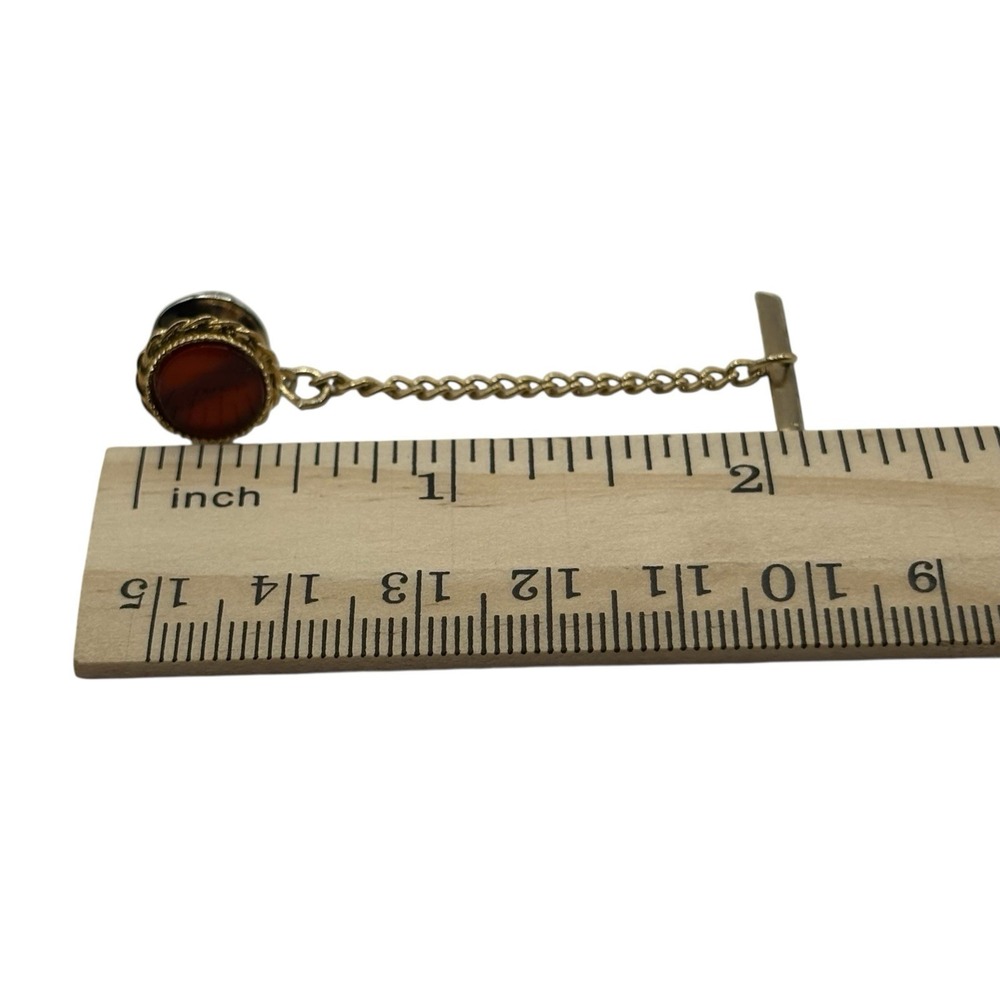 Carnelian Agate Tie Tack Vintage Pin Round W Chain Gold Tone Twisted Edges Stone - Picture 10 of 10